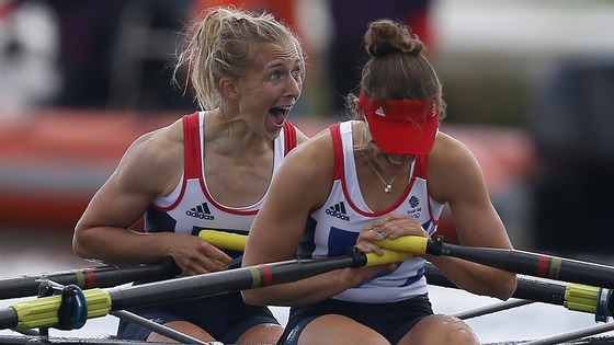 Katherine Copeland and Sophie Hosking celebrate winning the women's lightweight double sculls 