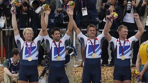Gold medallists of Britain Alex Gregory, Tom James, Pete Reed and Andrew Triggs Hodge