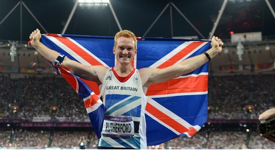 Greg Rutherford celebrates after winning the Men's Long Jump