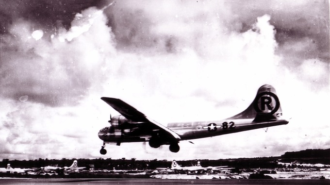 The Enola Gay returns from bombing Hiroshima
