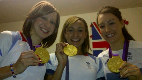 Joanna Rowsell and team mate Dani King meet up with fellow Olympic gold winner Jessica Ennis