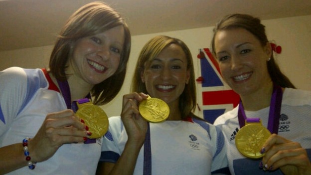 Joanna Rowsell and team mate Dani King meet up with fellow Olympic gold winner Jessica Ennis