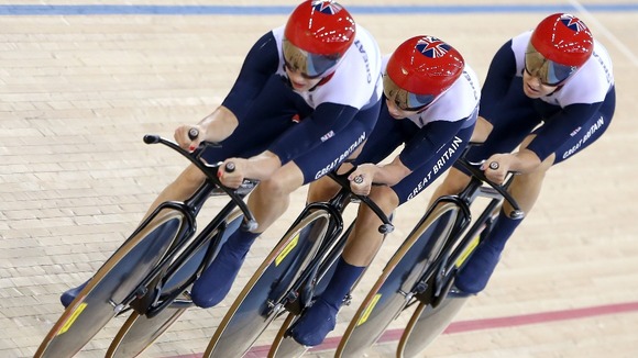 Great Britain's Dani King, Joanna Rowsell and Laura Trott on their way to winning gold in the Women's Team Pursuit Final at the Velodrome