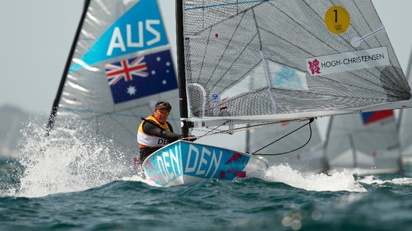 Denmark's Jonas Hogh-Christensen racing in the Finn class on Weymouth Bay today during the Olympics.