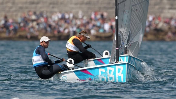 Great Britain's Ben Ainslie and Denmark's Jonas Hogh-Christensen (behind) battle for position