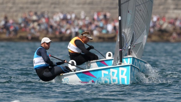 Great Britain's Ben Ainslie and Denmark's Jonas Hogh-Christensen (behind) battle for position