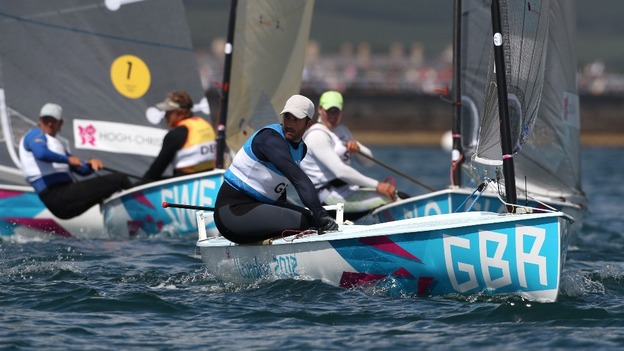 Great Britain's Ben Ainslie during the Men's Finn Medal Race with Denmark's Jonas Hogh-Christensen (left) close behind