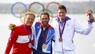 Gold medallist Ben Ainslie (centre) with silver medallist Jonas Hogh-Christensen (left) and bronze medalist Jonathan Lobert.