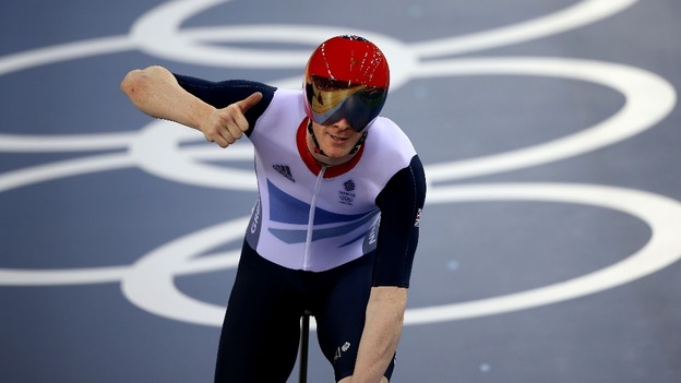 Team GB's Ed Clancy celebrates winning bronze in the men's Omnium event.