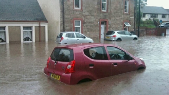 Cars stranded in floods in Galston in East Ayrshire