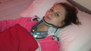 Toni Moody-Miller in a neck collar shortly after the attack