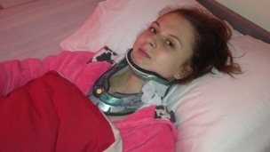 Toni Moody-Miller in a neck collar shortly after the attack