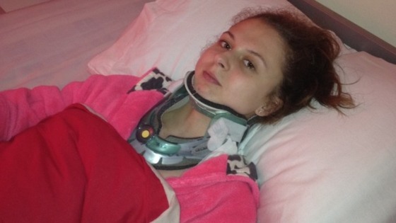 Toni Moody-Miller in a neck collar shortly after the attack