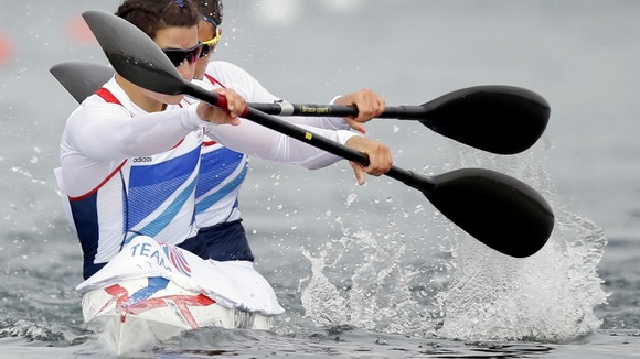 Great Britain's Abigail Edmonds and Louisa Sawyers paddle in a women's kayak double 500m heat