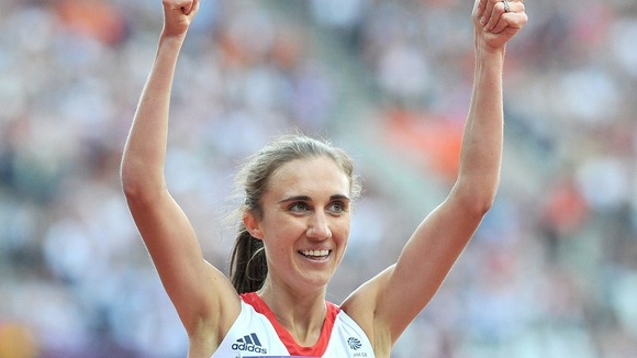 Lisa Dobriskey celebrates winning her heat in the women's 1500 metres