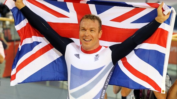 Sir Chris Hoy celebrates winning the Men's Keirin final on day eleven of the Olympic Games