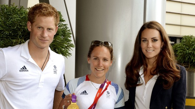 Prince Harry and the Duchess of Cambridge with gold medal winning rower Sophie Hosking.