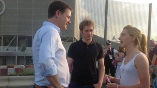 Deputy Prime Minister Nick Clegg meets double Olympic gold medallist Laura Trott.