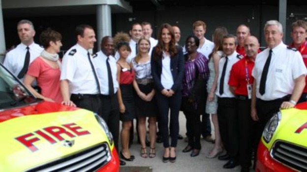 The Duchess of Cambridge meets London Fire Brigade volunteers on the Olympic Park today.