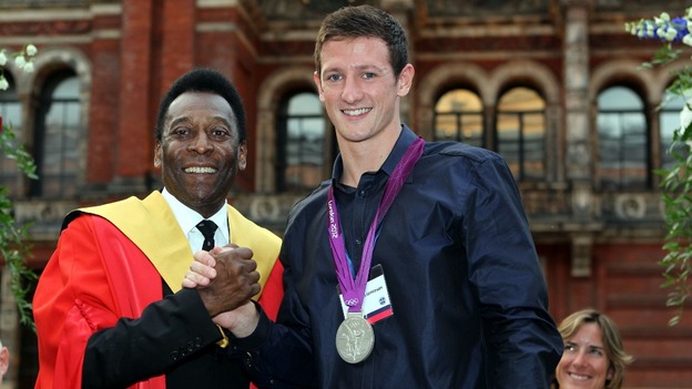 Pele with Great Britain's Michael Jamieson who won a silver medal in the men's 200m breaststroke final at the Games.