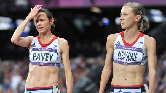 Great Britain's Jo Pavey and Julia Bleasdale after the Women's 5000m final at the Olympic Stadium.
