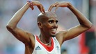 Mo Farah celebrates winning the Men's 5,000m