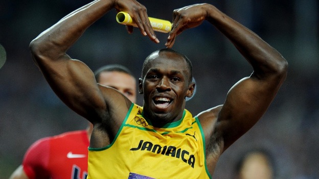 Jamaica's Usain Bolt celebrates winning the Men's 4x100m Relay