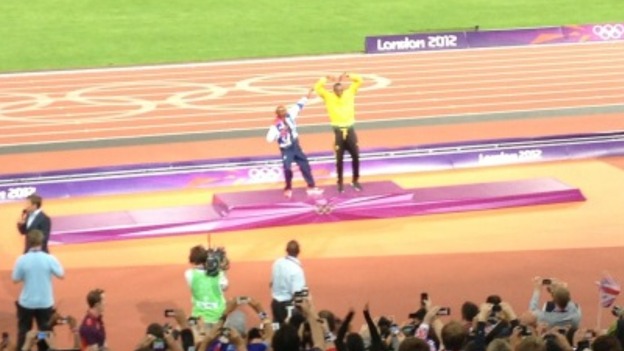 Mo Farah does the Bolt and Usain does the Mo-bot on the Olympic podium