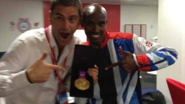 ITV News' Rags Martel and Mo Farah celebrate the Olympian's second gold medal