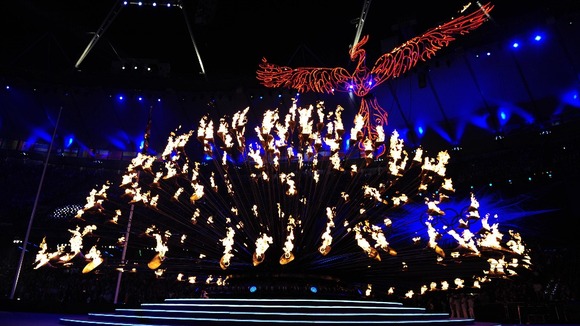 A Phoenix rises from the Olympic Flame during the Closing Ceremony