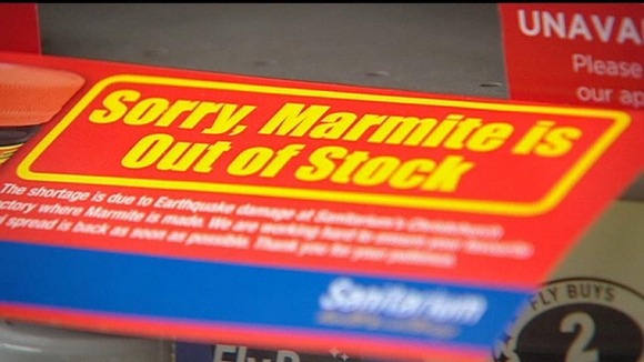 Supermarket signage advising that Marmite is out of stock