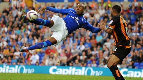 Birmingham City's Marlon King jumps to shoot against Barnet. The Blues won 5-1.
