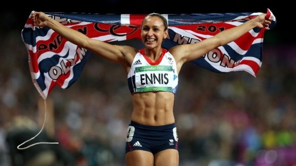 Jessica Ennis celebrates after winning gold in the heptathlon