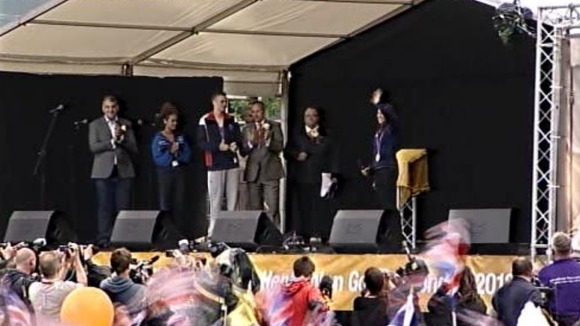 Jessica Ennis waves to fans at her homecoming in Sheffield