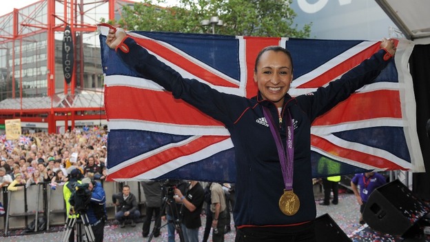 Great Britain's Jessica Ennis celebrates with her gold medal during her Olympic homecoming in Sheffield city centre