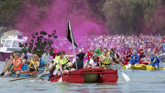 Competitors take part in the annual Arundel Bathtub Race, Arundel, West Sussex.