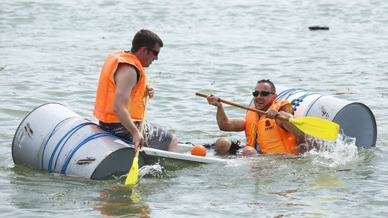 Competitors take part in the annual Arundel Bathtub Race, Arundel, West Sussex.