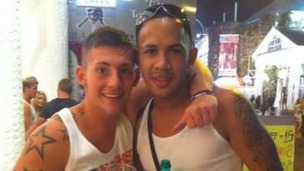 Corporal Jake Hartley on a holiday to Ibiza with friend Jermaine Davies