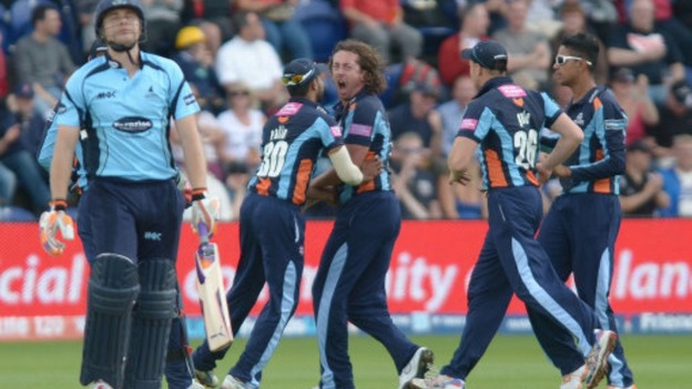 Yorkshire's Ryan Sidebottom celebrates with team-mates after bowling out Sussex's Luke Wright