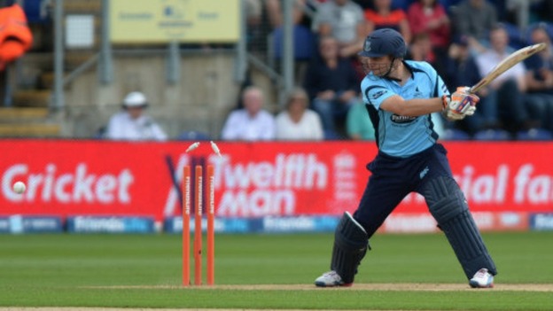 Sussex's Luke Wright is bowled out by Yorkshire's Ryan Sidebottom