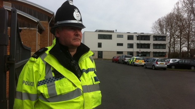 Police guard the entrance to the Haybridge High School and Sixth Form this morning