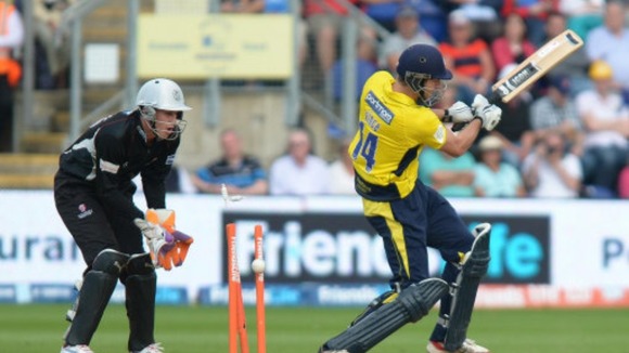 Hampshire's James Vince is bowled out buy Somerset's Max Waller