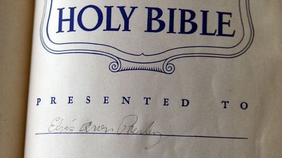 A first page of a sixteen hundred bible that used to belong to Elvis Presley
