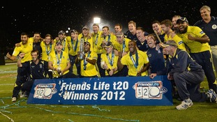 Hampshire's captain Dimitri Mascarenhas lifts the Trophy