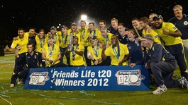 Hampshire's captain Dimitri Mascarenhas lifts the Trophy