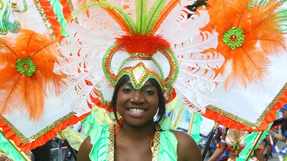 One of the dancers takes part in the Notting Hill Carnival in west London.