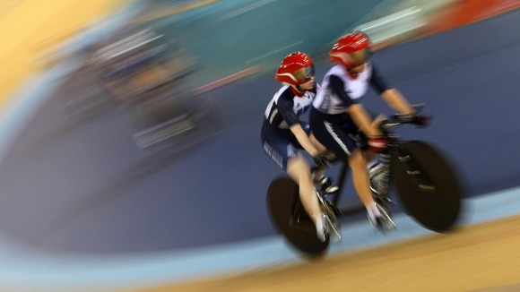 Lora Turnham and Fiona Duncan (front) during the training session at the Velodrome in the Olympic Park