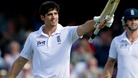 England's Alastair Cook reaches his 100 during the first day of the first cricket test match against South Africa