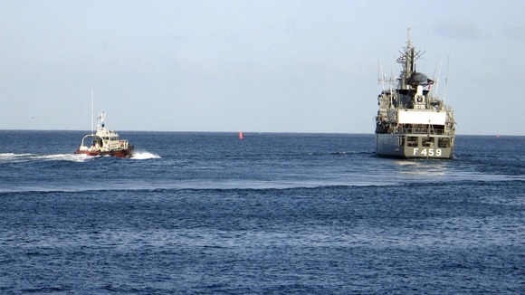 A tug boat which is one of the military vessels from the European Union patrolling against pirate activity in the Indian Ocean