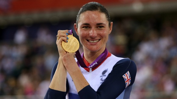 Sarah Storey with her Gold Medal after winning the Women's Individual C5 Pursuit Finals
